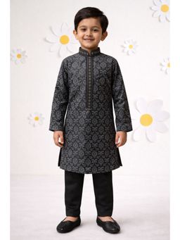 Vastramay - Boys Black Silk Blend Printed Kurta and Pyjama