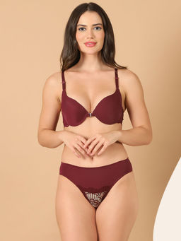 PrettyCat - Sexy Women Lightly Padded Plunge Bra & Panty with Backside Lace Panel. (Set of 2)