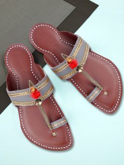 Korakari - Men Wedding Kolhapuri Chappal with Golden Braids Grey