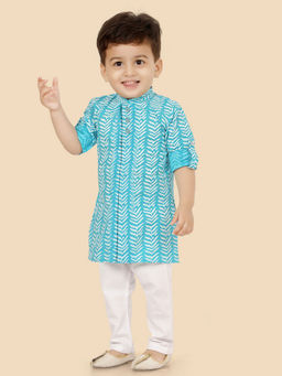 ETHNIKS NEURON - Boys Elegant Long Sleeves Firozy Cotton Motif Kurta and Pyjama