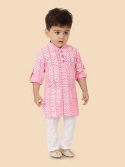 ETHNIKS NEURON - Boys Elegant Long Sleeves Pink Cotton Motif Kurta and Pyjama