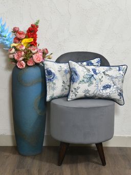 The Home Story - Cotton Cushion Covers Blue Grey Flowers (Pack of 2) (12x18 inches)