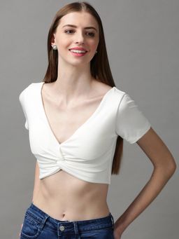 SHOWOFFFF - Women's Solid V-neck White Regular Top