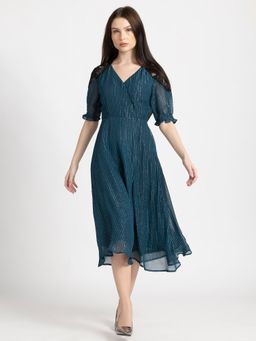 SHAYE - V-Neck Blue And Black Solid Short Sleeves Party Dress For Women