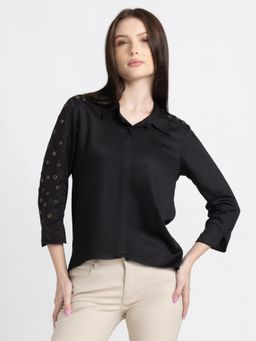 SHAYE - Spread Collar Black Solid Three Quarter Sleeves Party Shirt For Women