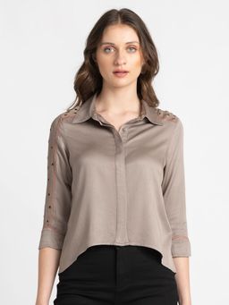SHAYE - Spread Collar Khaki Solid Three Quarter Sleeves Casual Shirt For Women