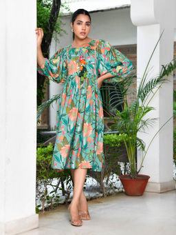 Vaasva Jaipur - Women Teal Musline Viscose Floral Printed Dress