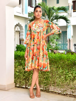 Vaasva Jaipur - Women Multi-Colour Cotton Embroidered Floral Printed Dress