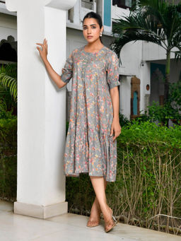 Vaasva Jaipur - Women Grey Cotton Floral Printed Embroidered Placket Dress