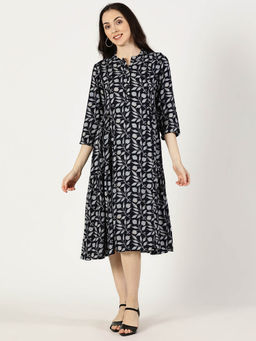 Saffron Threads - Navy Blue Tropical Print Rayon Dress with Side Gathers