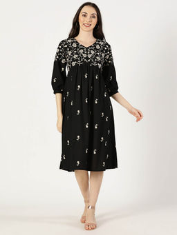 Saffron Threads - Black Boho Embroidered Floral Midi Dress