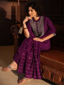 Gerua By Libas - Burgundy Yoke Design Straight Suit With Dupatta