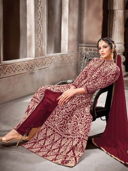 Odette - Maroon Net Base Beautiful Semi-Stitched Suit (Set of 3)