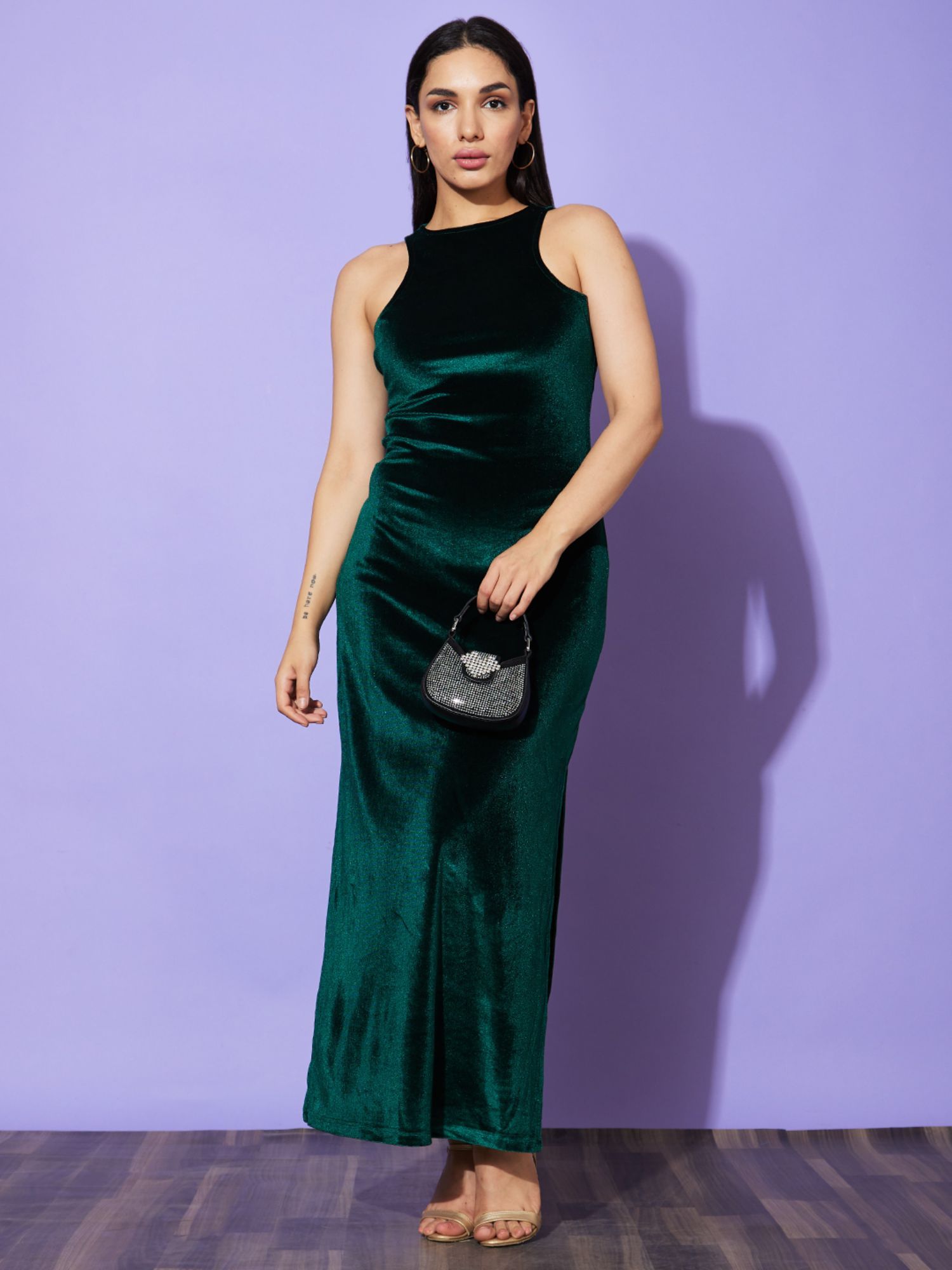globus Women Green Halter Neck Velvet Bodycon Maxi Party Dress-picture-12