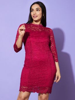 Globus - Women Wine Mock Neck Floral Lace Bodycon Party Dress