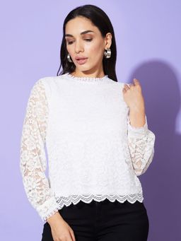 Globus - Women White High Neck Long Sleeves Floral Lace Party Top