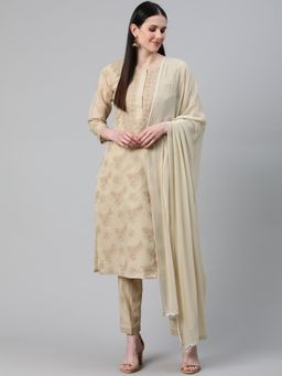 ADA - Hand Embroidered Lucknowi Chikankari Beige Poly Georgette Unstitched Dress Material [A211142]