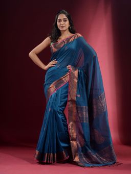CHARUKRITI - Cerulean Blue Pure with Zari Design and Motif Saree with Unstitched Blouse