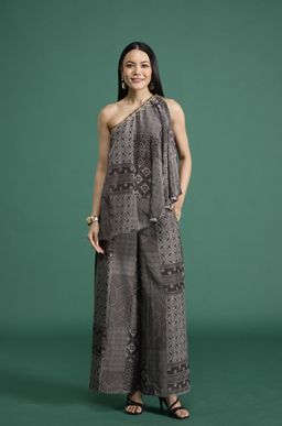 Gajra Gang - Brown Crepe One Shoulder Top & Pant Desert Rani Set of 2