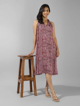 Fabindia - Maroon Rayon Blend Hand Block Printed Midi Dress
