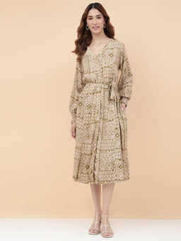 Fabindia - Green Viscose Hand Block Printed Midi Dress