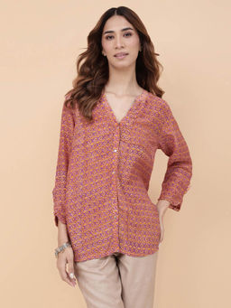 Fabindia - Orange Rayon Blend Hand Block Printed Shirt