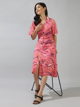 Fabindia - Fabnu Pink Viscose Printed Midi Dress