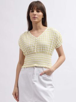 ELLE - Womens Yellow Checked V-Neck Short Sleeves Top
