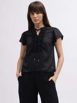 ELLE - Womens Black Printed Band Collar Short Sleeves Top