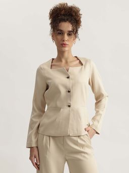 ELLE - Womens Beige Solid Square Neck Full Sleeves Top