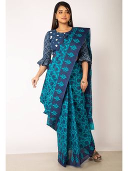 Unnati Silks - Blue Pure Krisha Block Printed Cotton Saree with Unstitched Blouse