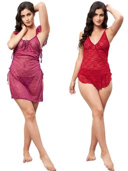 Secrets By ZeroKaata - Women Assorted Self Design Baby Doll Lingerie - Multicolor (Pack of 4)