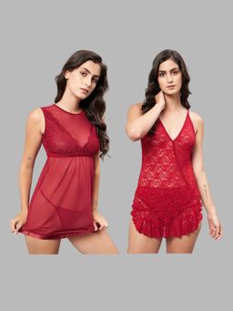 Secrets By ZeroKaata - Women Assorted Self Design Baby Doll Lingerie - Maroon (Pack of 4)