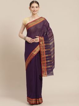 ISHIN - Womens Cotton Blend Purple Solid Woven Design Saree with Unstitched Blouse