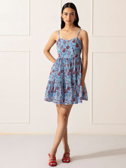Twenty Dresses by Nykaa Fashion - Blue and Multi Color Printed Sweetheart Mini Dress