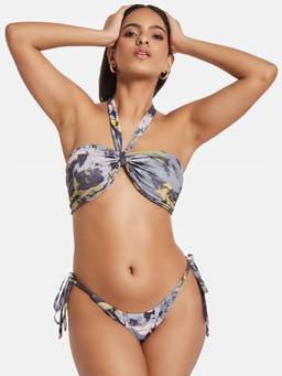 G Heist - Women Printed Halter Beachwear Swim Grey Bikini Top And Bottom