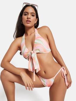 G Heist - Women's Printed Halter Beachwear Swim Pink Bikini Top And Bottom