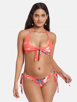 G Heist - Women's Printed Orange Halter Beachwear Swim Bikini Top And Bottom