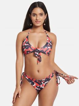 G Heist - Women Printed Blue Halter Beachwear Swim Bikini Top And Bottom