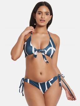 G Heist - Women's Printed Halter Beachwear Swim Blue Bikini Top And Bottom