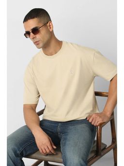 Van Heusen - Men Beige Solid Round Neck T-shirt