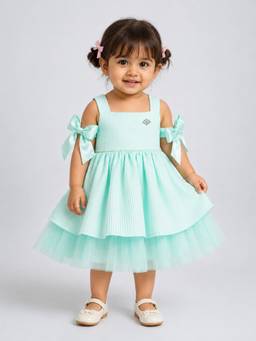 Little Surprise Box - Girls Green Textured Polyester Frock