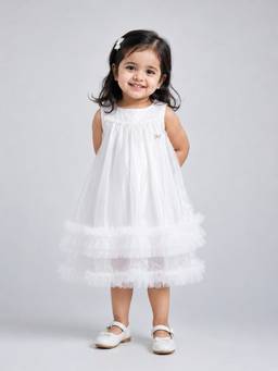 Little Surprise Box - Girls White Solid/Plain Polyester Frock
