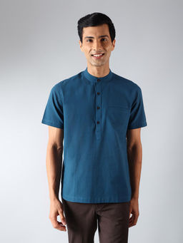 Fabindia - Teal Cotton Slim Fit Mid Placket Shirt