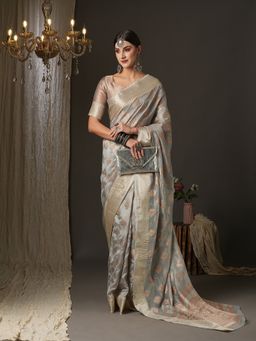 Akhilam - Womens Organza Grey Woven Design Designer Saree with Unstitched Blouse