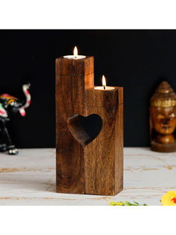 eCraftIndia - Set Of 2 Pillar Wooden Tea Light Candle Stand With Heart In Center