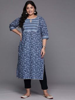 Extra love by Libas - Plus Size Women Blue Yoke Design Cotton Straight Kurtas for Women