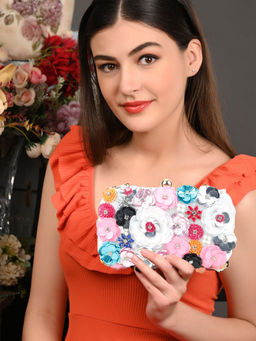 Odette - White Floral Embellished Sequin Multicolour Clutch