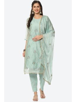 Biba - Turquoise Chanderi Embroidered Unstitched Suit (Set of 3)