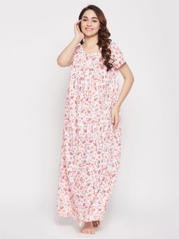 Clovia - Pretty Florals Long Night Dress In White - Rayon
